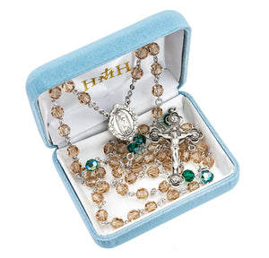 Our Lady of Guadalupe Rosary, 6mm Topaz and Emerald Swarovski Crystal, Sterling Silver