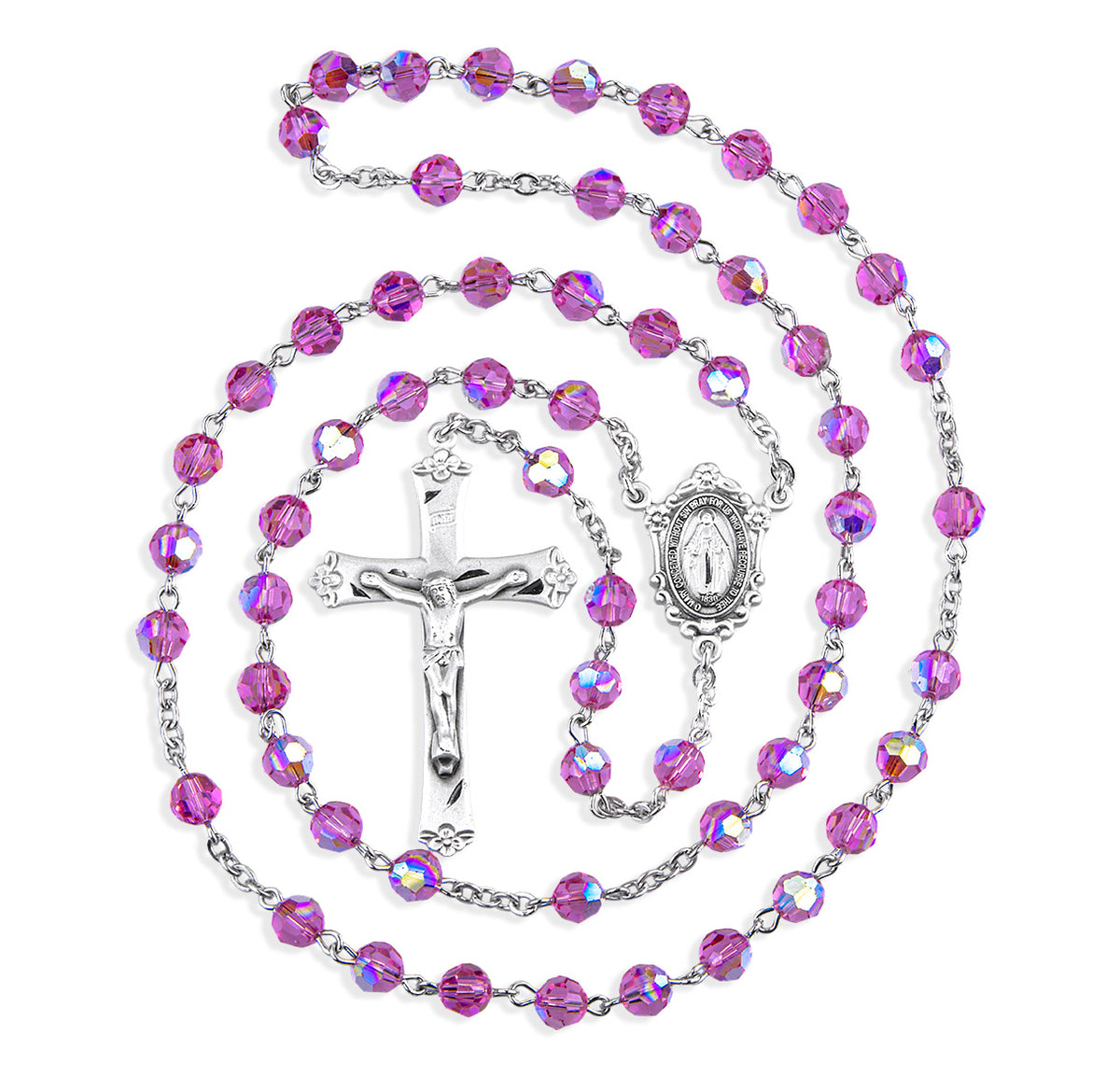 6mm Pink Swarovski Crystal Rosary, Sterling Silver