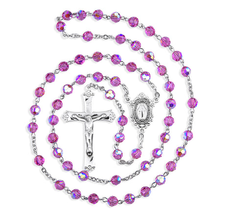 6mm Pink Swarovski Crystal Rosary, Sterling Silver