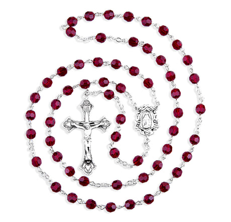 6mm Ruby Swarovski Crystal Rosary, Sterling Silver