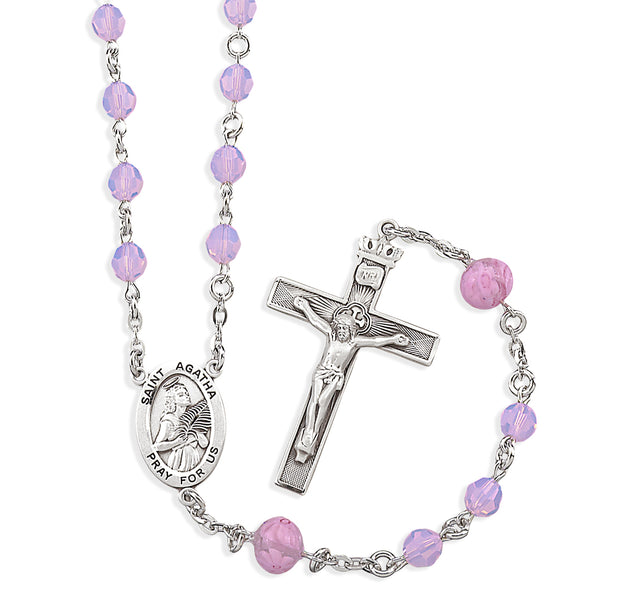 Saint Agatha Rosary, 6mm Rose Opal Swarovski Crystal, Sterling Silver
