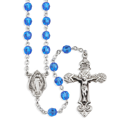 6mm Sapphire Swarovski Crystal Rosary, Sterling Silver