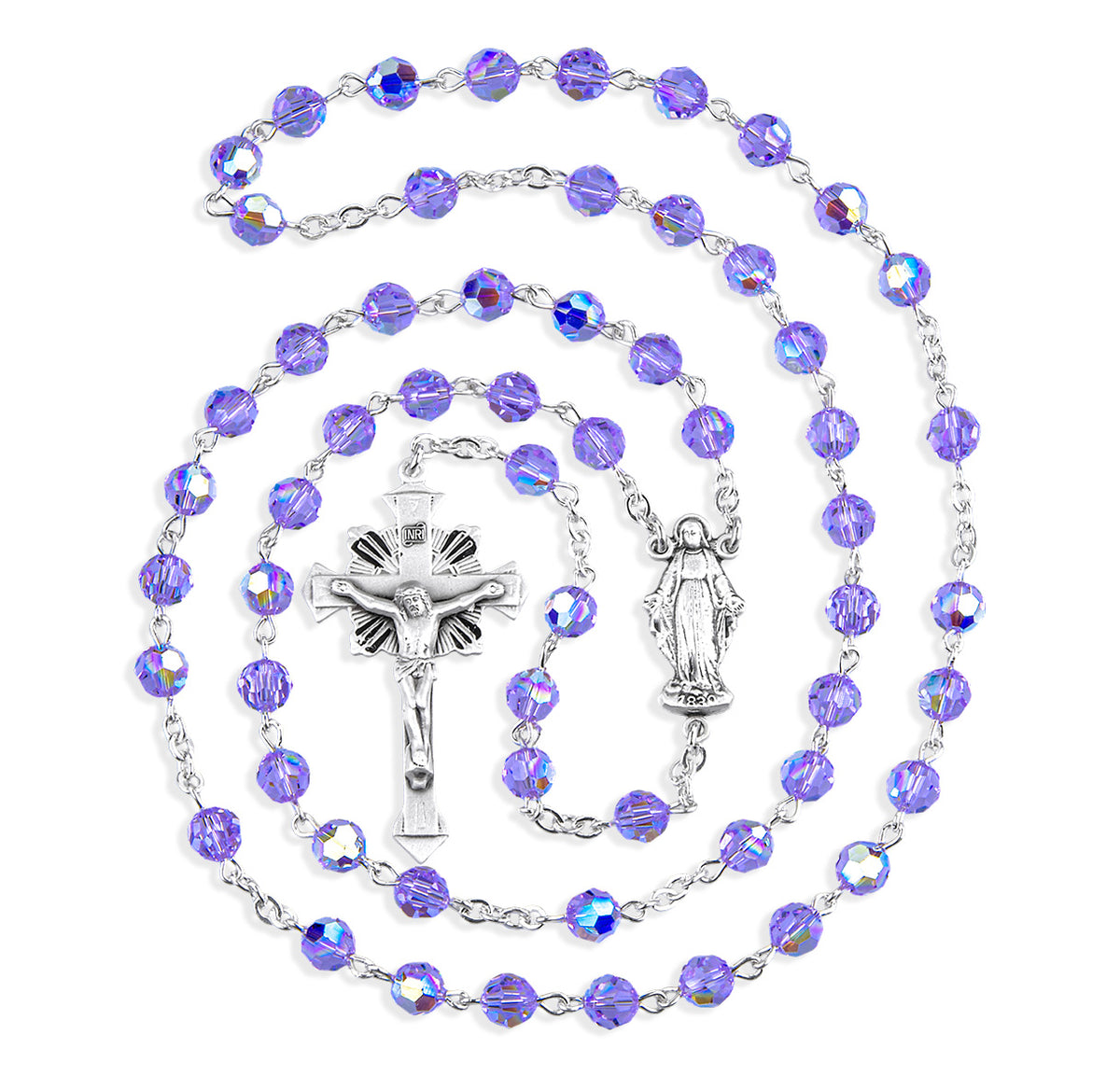 6mm Violet Swarovski Crystal Rosary, Sterling Silver