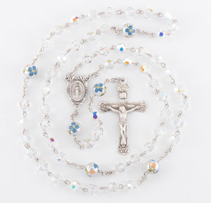 6mm Aurora Borealis Swarovski Crystal Rosary with Porcelain Flower Our Father Beads, Sterling Silver