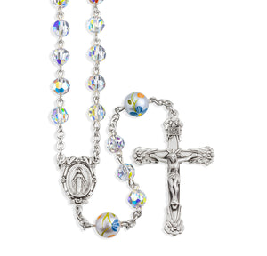 6mm Aurora Borealis Swarovski Crystal Rosary with Porcelain Flower Our Father Beads, Sterling Silver