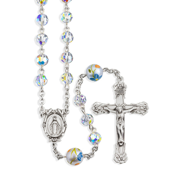 6mm Aurora Borealis Swarovski Crystal Rosary with Porcelain Flower Our Father Beads, Sterling Silver