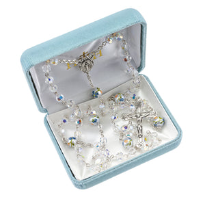 6mm Aurora Borealis Swarovski Crystal Rosary with Porcelain Flower Our Father Beads, Sterling Silver