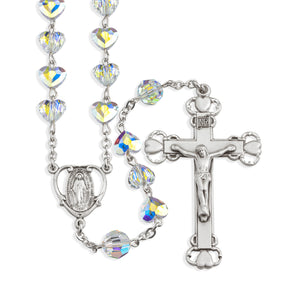 8mm Aurora Borealis Swarovski Crystal Heart Bead Rosary, Sterling Silver