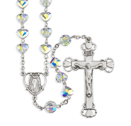 8mm Aurora Borealis Swarovski Crystal Heart Bead Rosary, Sterling Silver