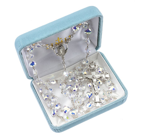 8mm Aurora Borealis Swarovski Crystal Heart Bead Rosary, Sterling Silver