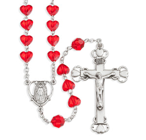 8mm Red Swarovski Crystal Heart Bead Rosary, Sterling Silver