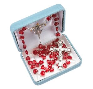 8mm Red Swarovski Crystal Heart Bead Rosary, Sterling Silver