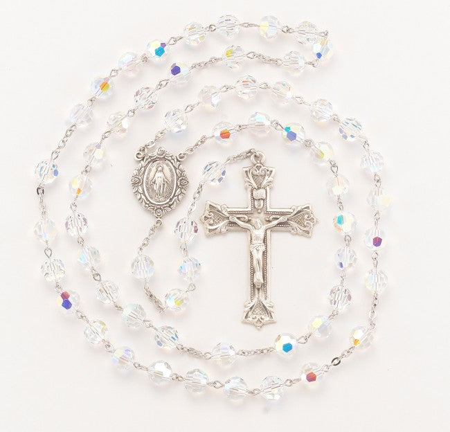 Handmade Austrian Crystal Rosary 8mm Aurora Borealis Beads - Miraculous Medal Centerpiece - Sterling Silver Crucifix