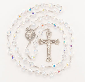 Handmade Austrian Crystal Rosary 8mm Aurora Borealis Beads - Miraculous Medal Centerpiece - Sterling Silver Crucifix