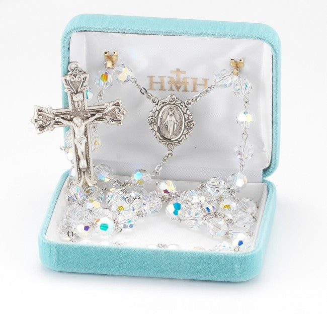 Handmade Austrian Crystal Rosary 8mm Aurora Borealis Beads - Miraculous Medal Centerpiece - Sterling Silver Crucifix