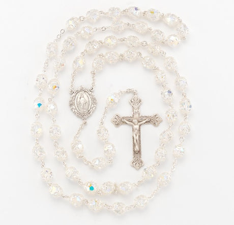 Double-Capped Austrian Crystal Rosary, 8mm Clear Beads & Sterling Silver