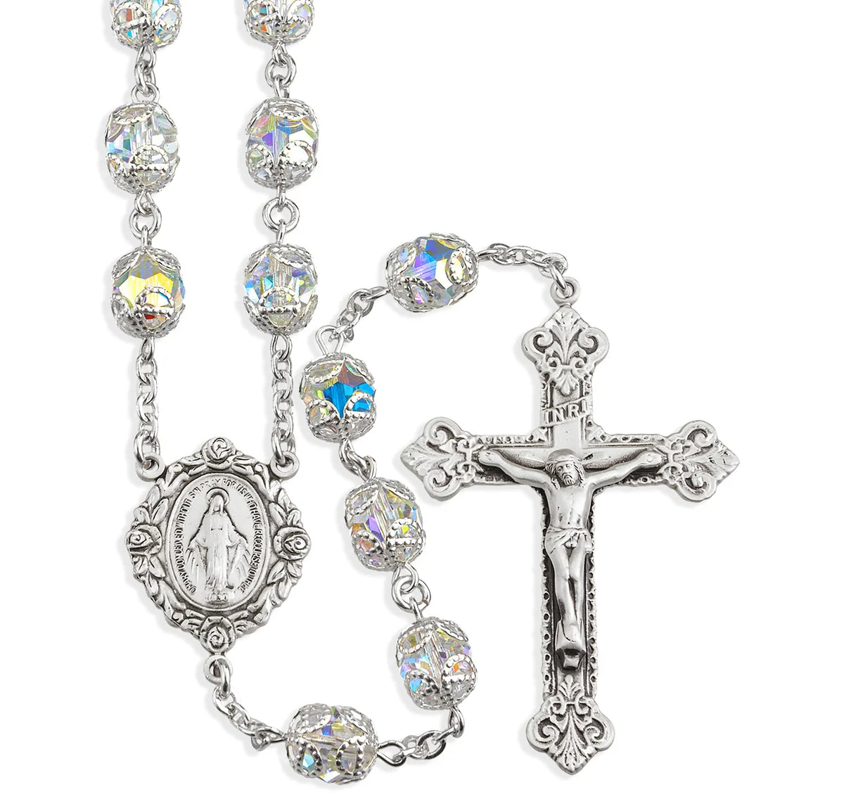Double-Capped Austrian Crystal Rosary, 8mm Clear Beads & Sterling Silver