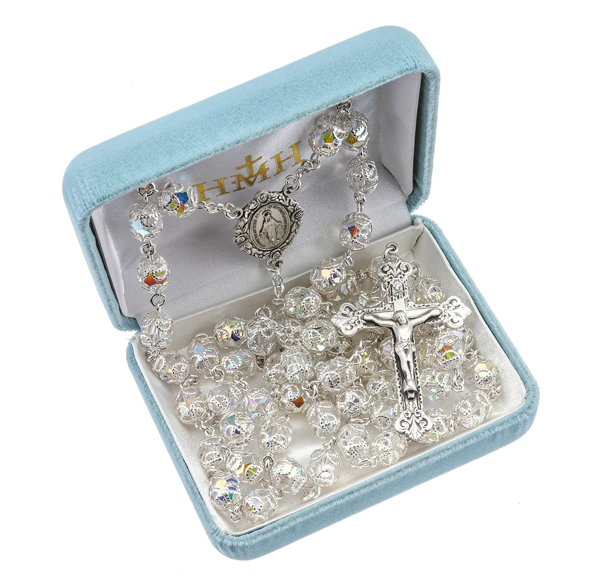 Double-Capped Austrian Crystal Rosary, 8mm Clear Beads & Sterling Silver