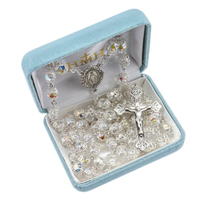 Double-Capped Austrian Crystal Rosary, 8mm Clear Beads & Sterling Silver