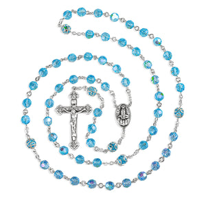 7mm Aqua Czech Crystal Bead with Double Capped O.F. Bead Rosary, Sterling Silver