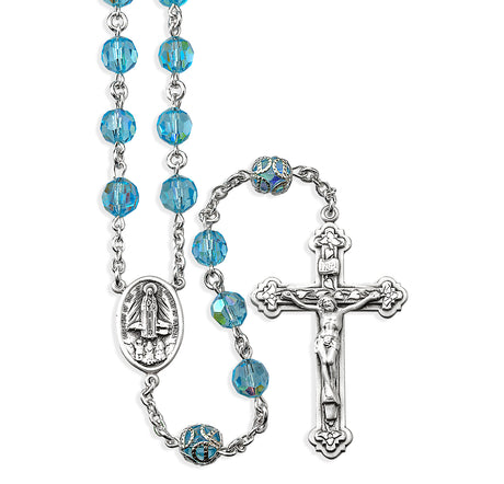 7mm Aqua Czech Crystal Bead with Double Capped O.F. Bead Rosary, Sterling Silver