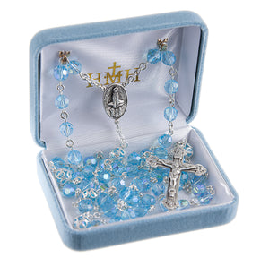 7mm Aqua Czech Crystal Bead with Double Capped O.F. Bead Rosary, Sterling Silver