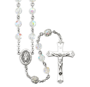 7mm Czech Aurora Crystal Bead with Double Capped O.F. Bead Rosary, Sterling Silver