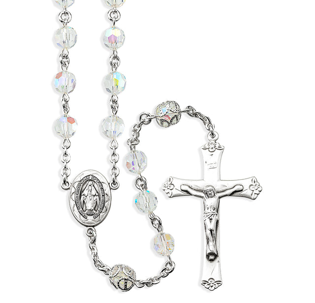 7mm Czech Aurora Crystal Bead with Double Capped O.F. Bead Rosary, Sterling Silver