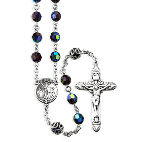 7mm Dark Amethyst Czech Crystal Bead with Double Capped O.F. Bead Rosary, Sterling Silver