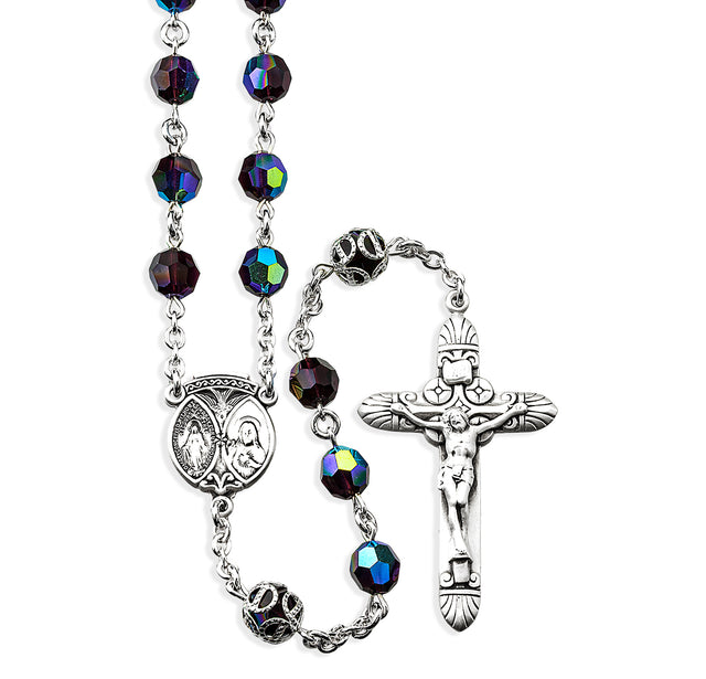 7mm Dark Amethyst Czech Crystal Bead with Double Capped O.F. Bead Rosary, Sterling Silver