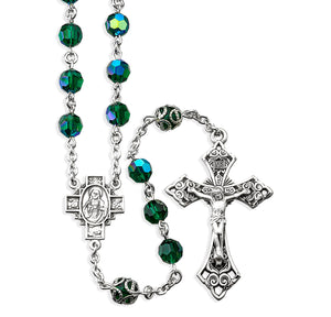 7mm Emerald Czech Crystal Bead with Double Capped O.F. Bead Rosary, Sterling Silver
