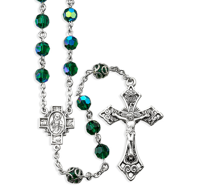 7mm Emerald Czech Crystal Bead with Double Capped O.F. Bead Rosary, Sterling Silver