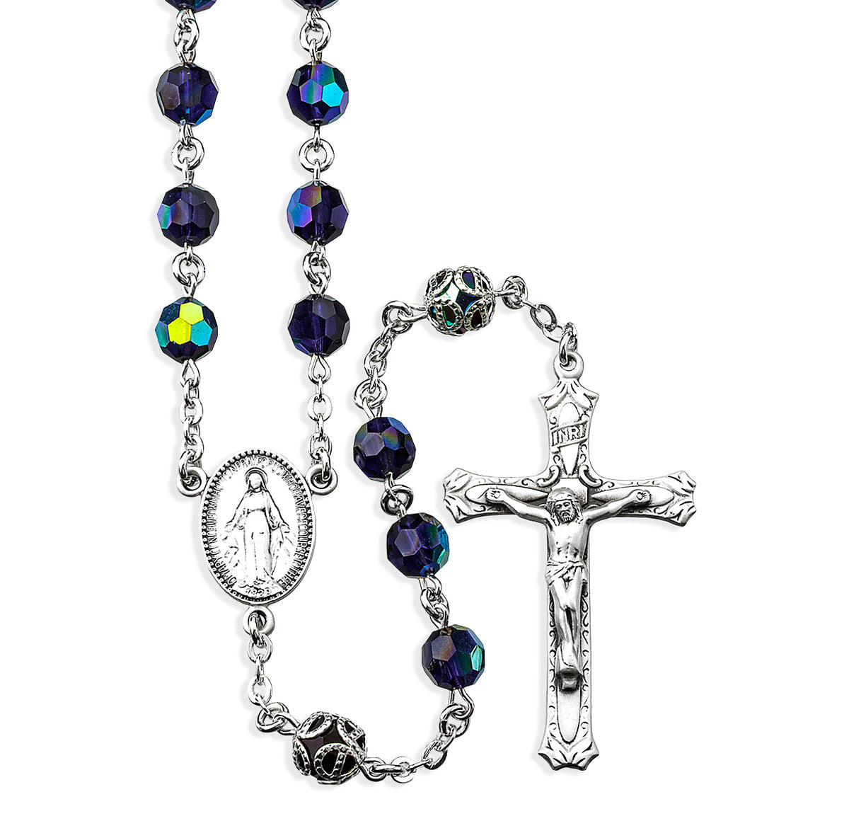7mm Garnet Czech Crystal Bead with Double Capped O.F. Bead Rosary, Sterling Silver
