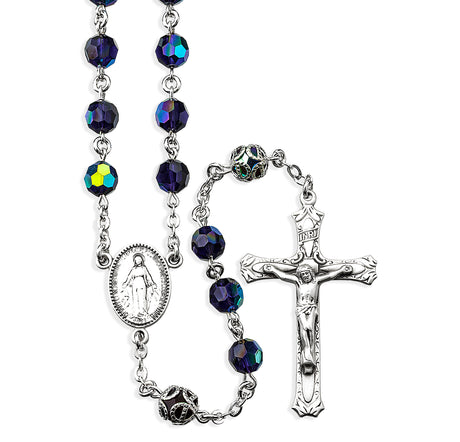 7mm Garnet Czech Crystal Bead with Double Capped O.F. Bead Rosary, Sterling Silver