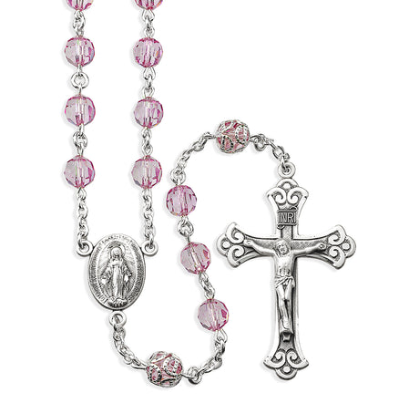 7mm Pink Czech Crystal Bead with Double Capped O.F. Bead Rosary, Sterling Silver