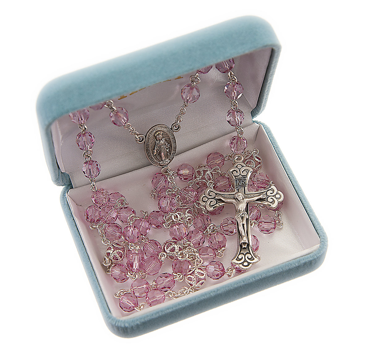 7mm Pink Czech Crystal Bead with Double Capped O.F. Bead Rosary, Sterling Silver