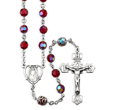 7mm Ruby Czech Crystal Bead with Double Capped O.F. Bead Rosary, Sterling Silver