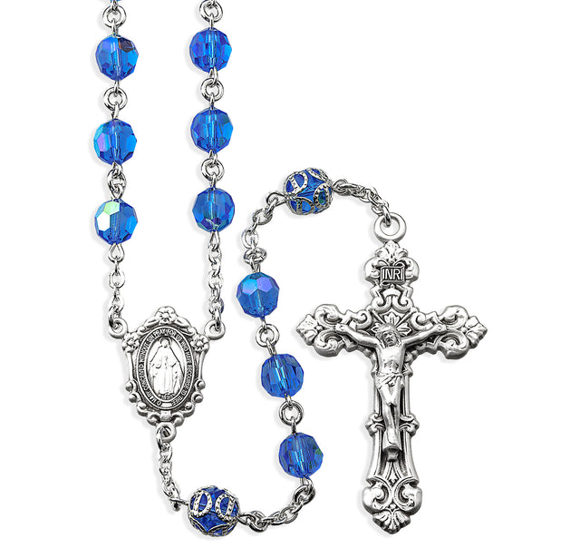 7mm Sapphire Czech Crystal Bead with Double Capped O.F. Bead Rosary, Sterling Silver