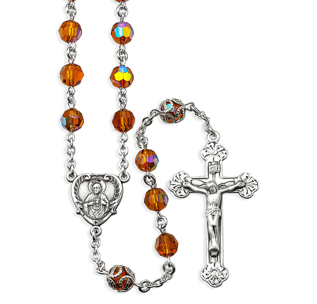7mm Topaz Czech Crystal Bead with Double Capped O.F. Bead Rosary, Sterling Silver