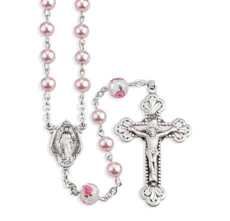 6mm Pink Swarovski Crystal Pearl Rosary, Sterling Silver