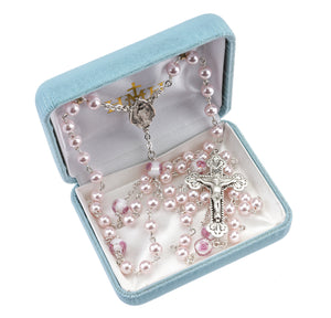 6mm Pink Swarovski Crystal Pearl Rosary, Sterling Silver