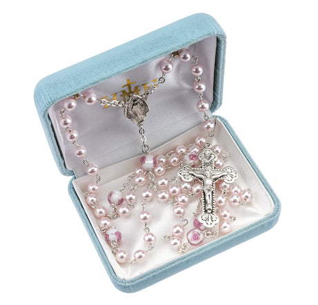 6mm Pink Swarovski Crystal Pearl Rosary, Sterling Silver