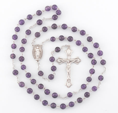 6mm Genuine Amethyst Rosary, Sterling Silver