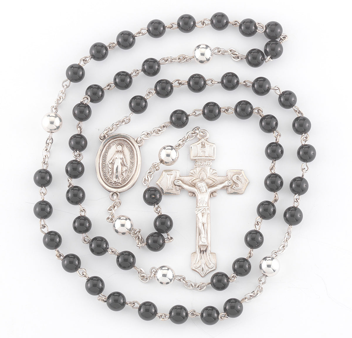 6mm Onyx Bead Rosary with Sterling Silver Our Father Beads