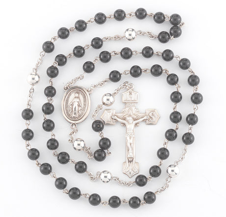 6mm Onyx Bead Rosary with Sterling Silver Our Father Beads