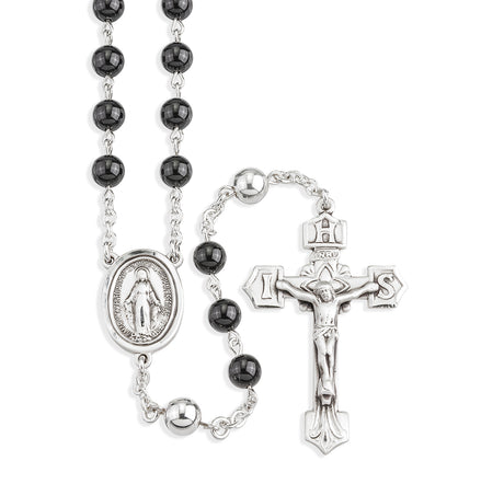 6mm Onyx Bead Rosary with Sterling Silver Our Father Beads