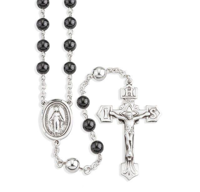 6mm Onyx Bead Rosary with Sterling Silver Our Father Beads