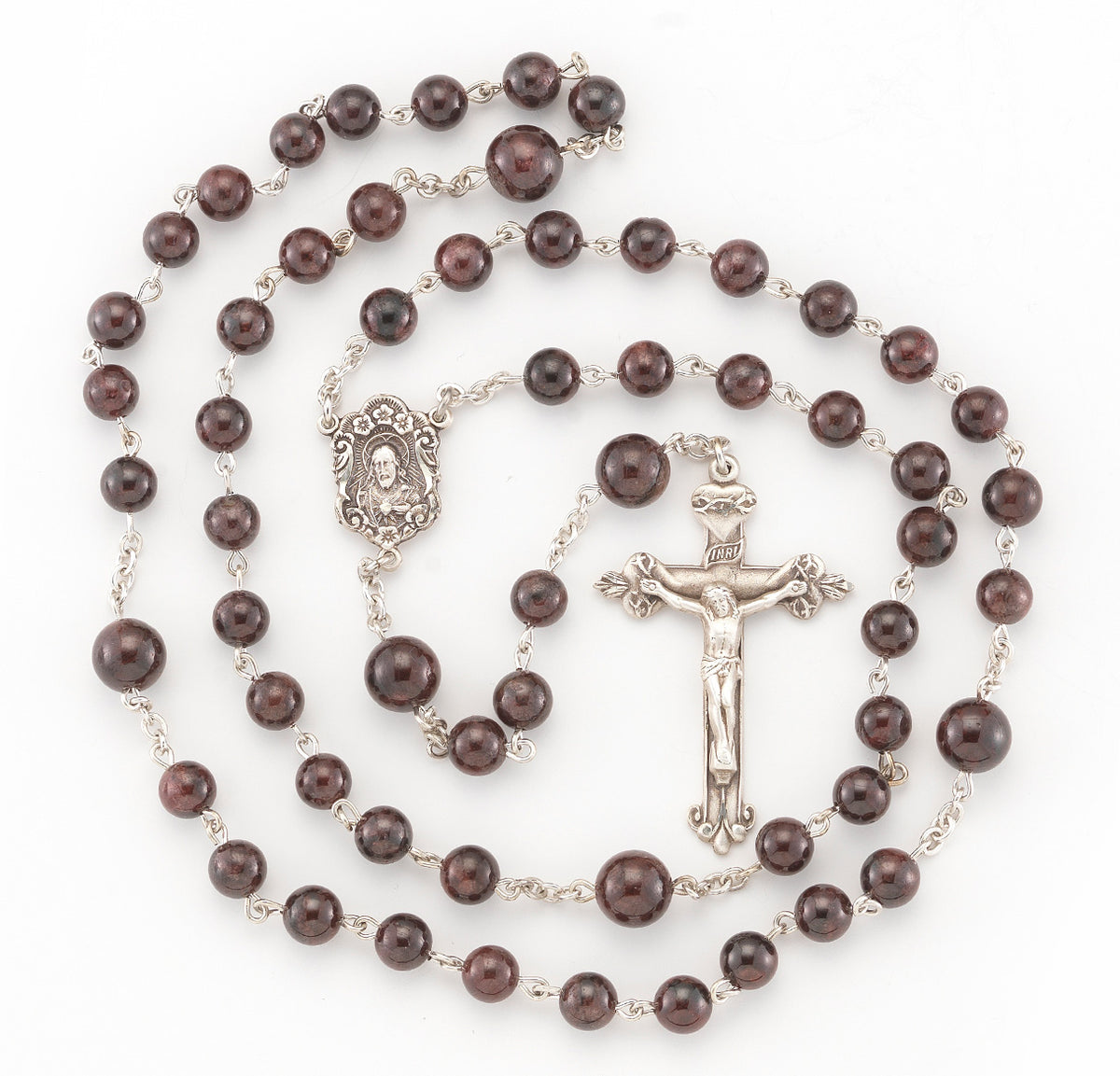 6mm Garnet Bead Rosary, Sterling Silver