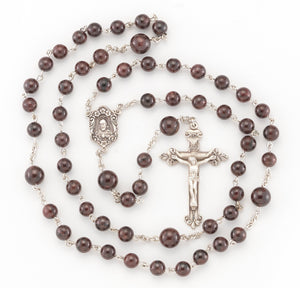 6mm Garnet Bead Rosary, Sterling Silver