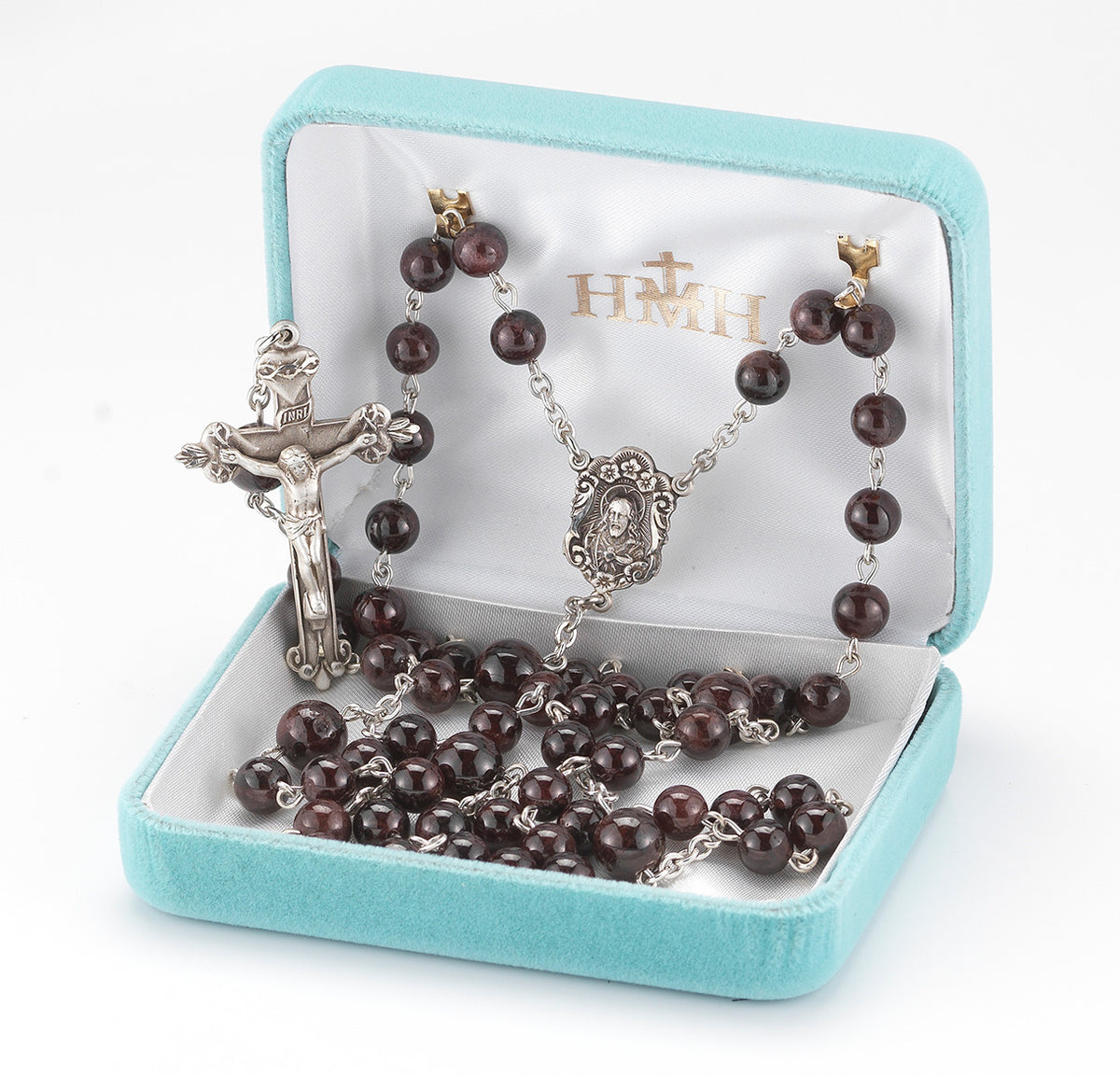 6mm Garnet Bead Rosary, Sterling Silver